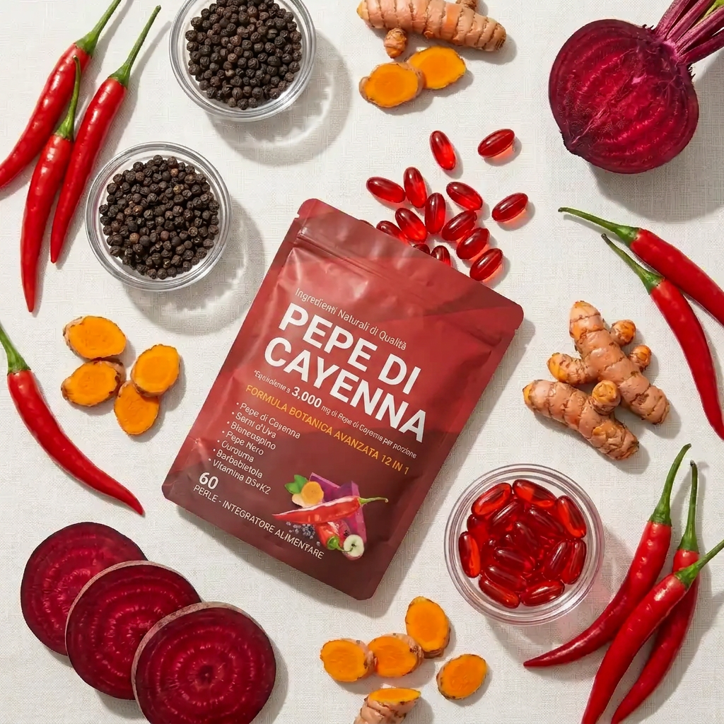 唐辛子・ビーツ・ターメリック・黒コショウに囲まれた Cayenne Pepper のパッケージ