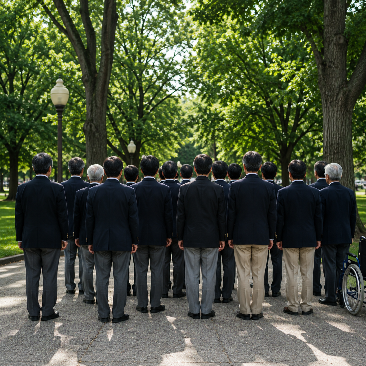 公園で後ろ姿を見せる中高年男性のグループ