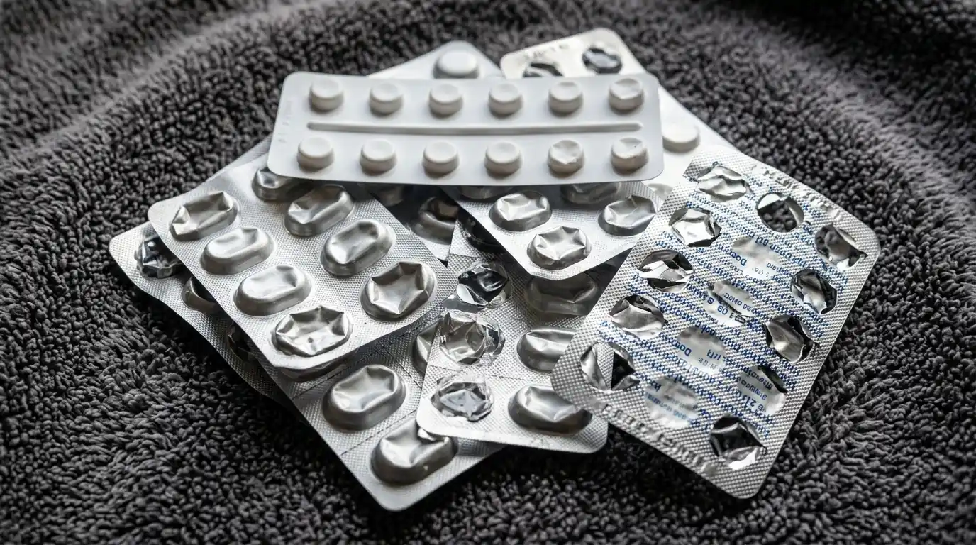 濃い色の布の上に散らばった錠剤のシート
