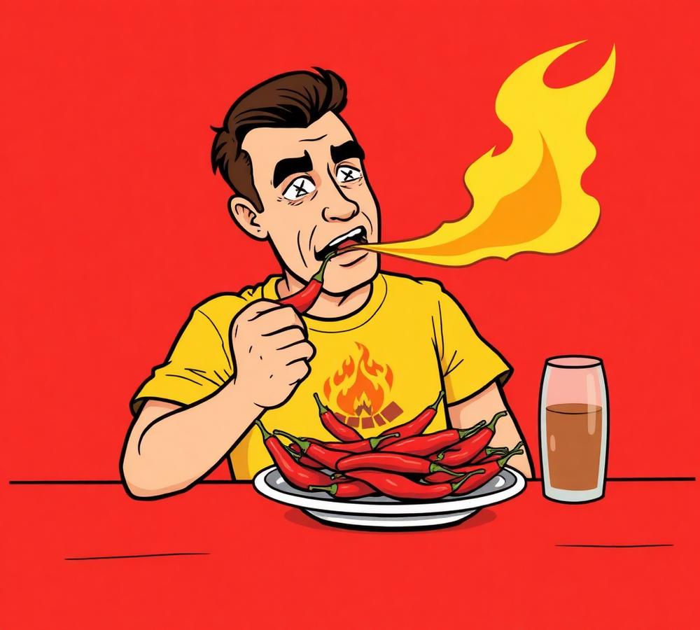 唐辛子の皿を食べて火を吹く男性のユーモラスなイラスト